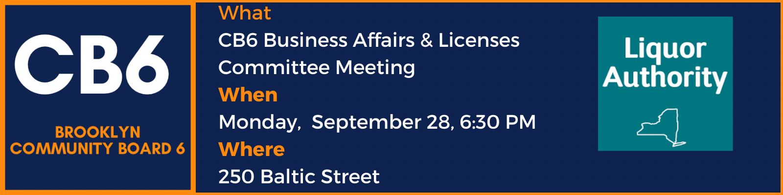 CB6 Business Affairs & Licenses Committee Meeting, Monday, September 28, 6:30 PM, 250 Baltic Street