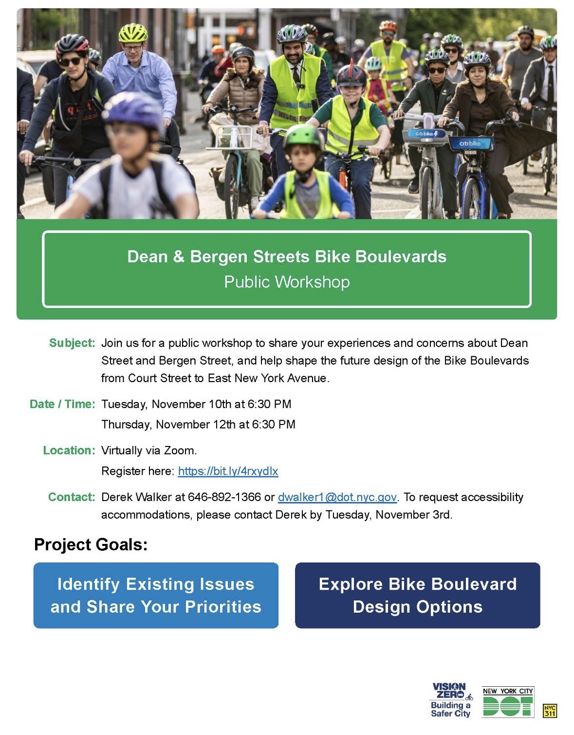 NYC DOT flyer: Dean & Bergen Streets Bike Boulevards Public Workshop, Tuesday November 10 and Thursday November 12 at 6:30 PM, virtually via Zoom