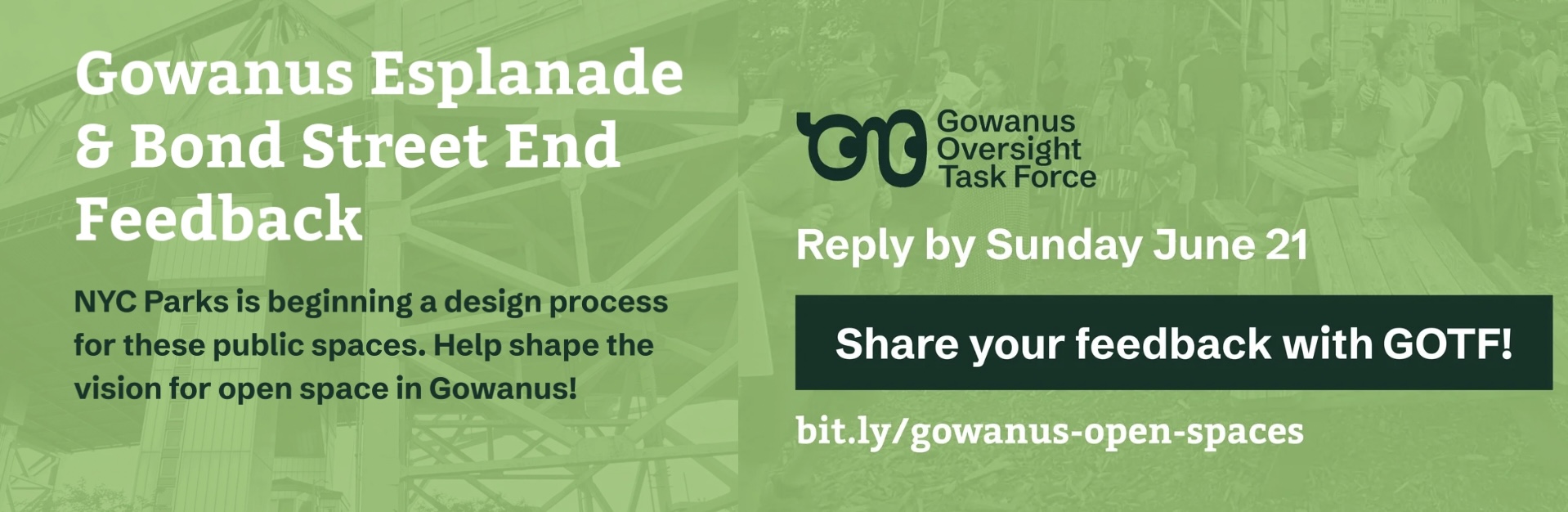 Gowanus Esplanade & Bond Street End Feedback — NYC Parks is beginning a design process for these public spaces. Reply by Sunday June 21. Share your feedback with GOTF! bit.ly/gowanus-open-spaces