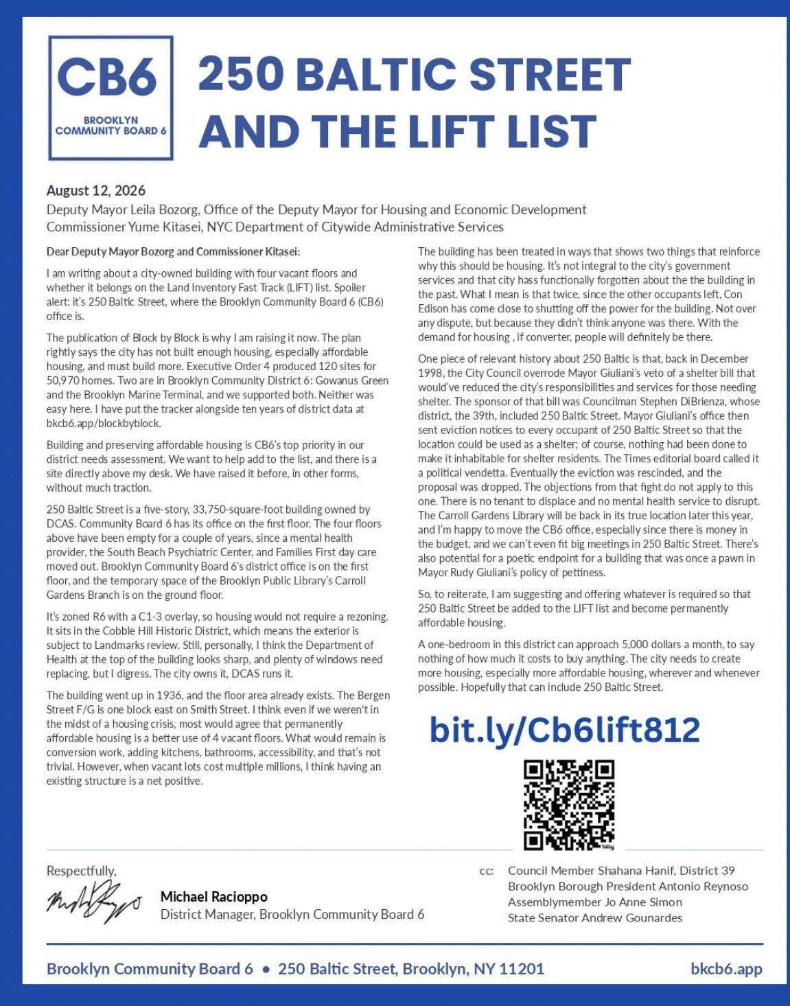 Letter from CB6 District Manager Michael Racioppo to Deputy Mayor Leila Bozorg and DCAS Commissioner Yume Kitasei, August 12, 2026: 250 Baltic Street and the LIFT list.