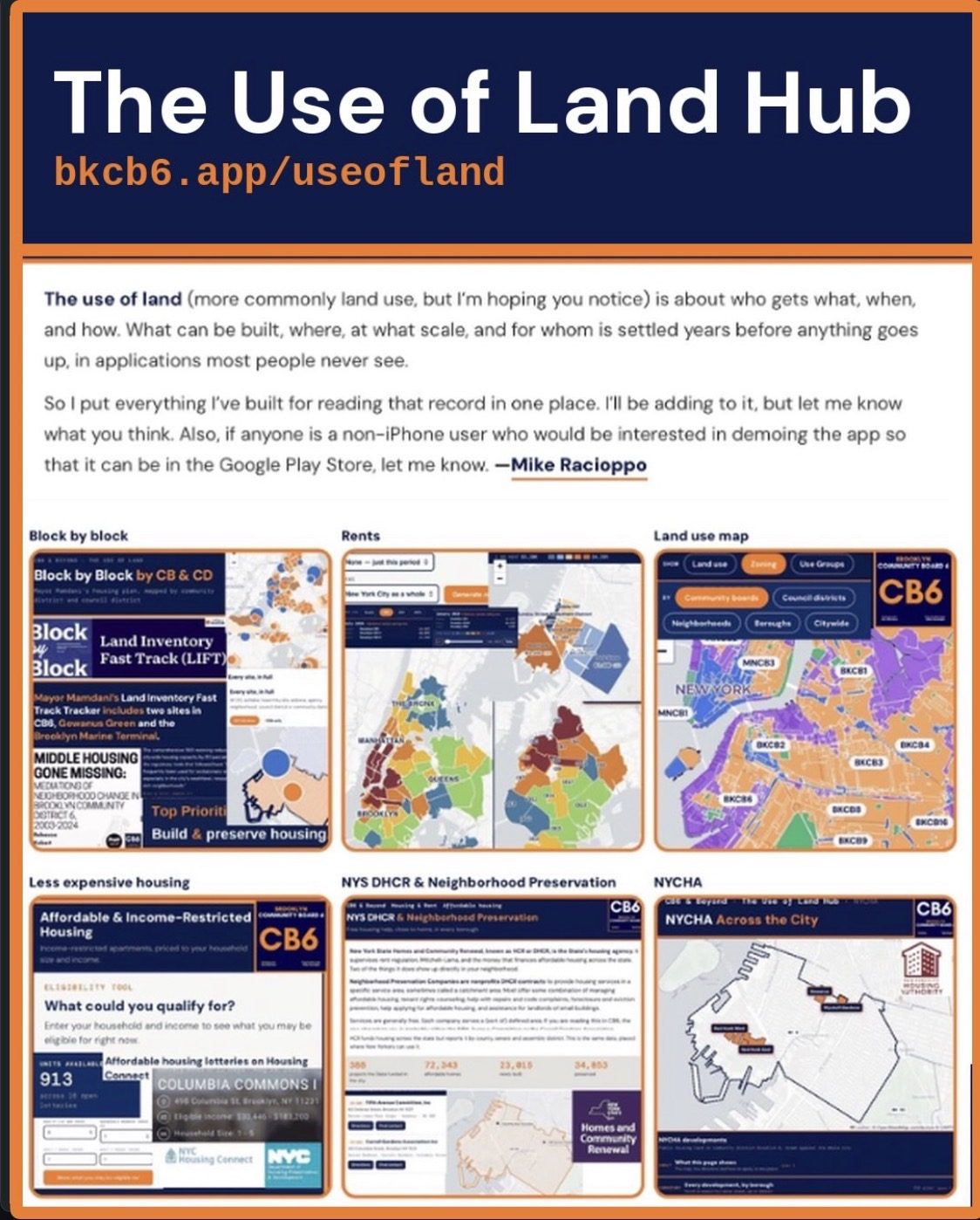 The Use of Land Hub — bkcb6.app/useofland: Block by block, Rents, Land use map, Less expensive housing, NYS DHCR & Neighborhood Preservation, NYCHA
