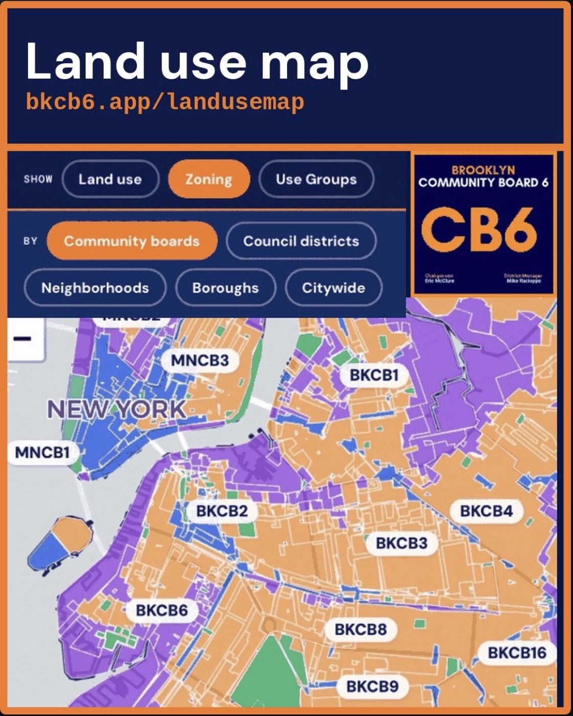 Land use map, bkcb6.app/landusemap: show land use, zoning, or use groups by community boards, council districts, neighborhoods, boroughs, or citywide.