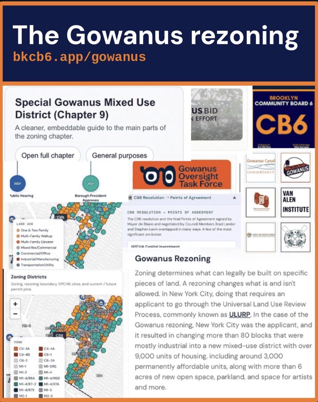 The Gowanus rezoning, bkcb6.app/gowanus: the Special Gowanus Mixed Use District, the timeline, the CB6 resolution and Points of Agreement, and the Gowanus Oversight Task Force.